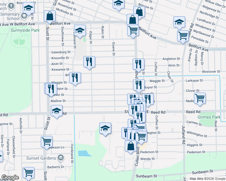 map of restaurants, bars, coffee shops, grocery stores, and more near 4522 Larkspur Street in Houston