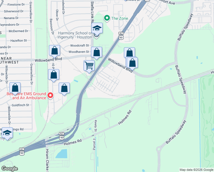 map of restaurants, bars, coffee shops, grocery stores, and more near 11603 Main Cypress Drive in Houston