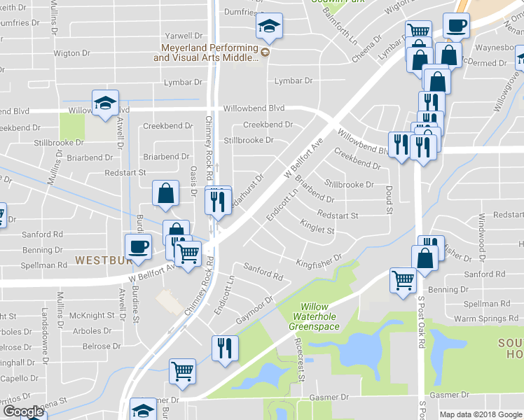 map of restaurants, bars, coffee shops, grocery stores, and more near 5247 West Bellfort Avenue in Houston