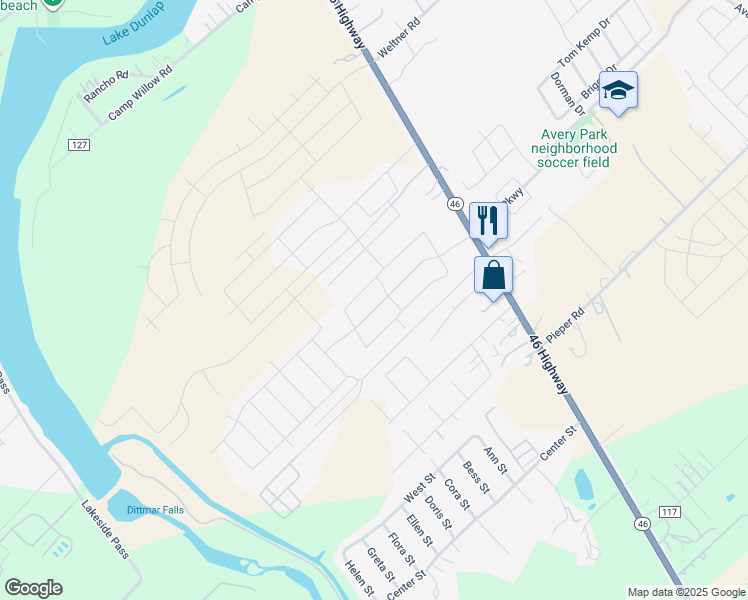 map of restaurants, bars, coffee shops, grocery stores, and more near 314 Mistflower in New Braunfels