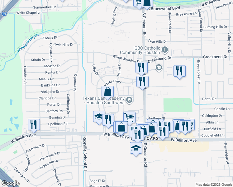 map of restaurants, bars, coffee shops, grocery stores, and more near 10922 Ranier Drive in Houston