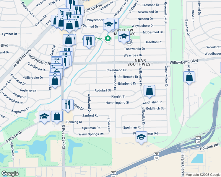 map of restaurants, bars, coffee shops, grocery stores, and more near 4710 Redstart Street in Houston