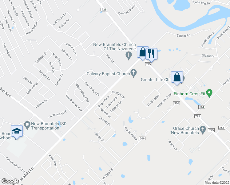 map of restaurants, bars, coffee shops, grocery stores, and more near 103 Ruger Path in New Braunfels