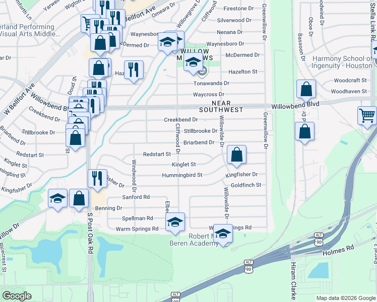 map of restaurants, bars, coffee shops, grocery stores, and more near 4622 Redstart Street in Houston