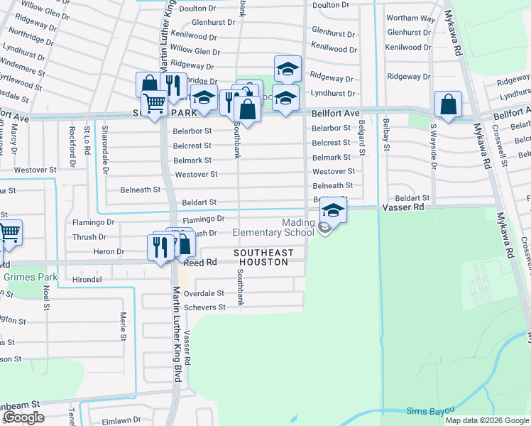 map of restaurants, bars, coffee shops, grocery stores, and more near 5831 Flamingo Drive in Houston