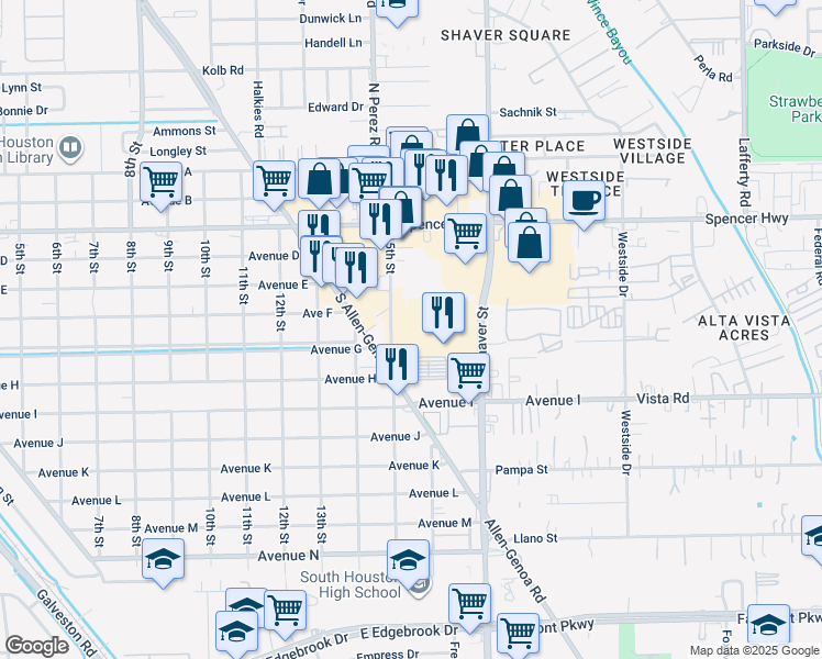 map of restaurants, bars, coffee shops, grocery stores, and more near 3316 Shaver Street in South Houston