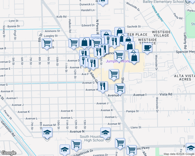 map of restaurants, bars, coffee shops, grocery stores, and more near 613 South Allen-Genoa Road in South Houston