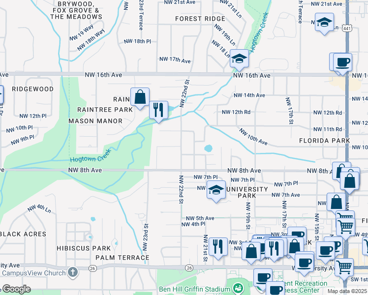 map of restaurants, bars, coffee shops, grocery stores, and more near 925 Northwest 22nd Street in Gainesville