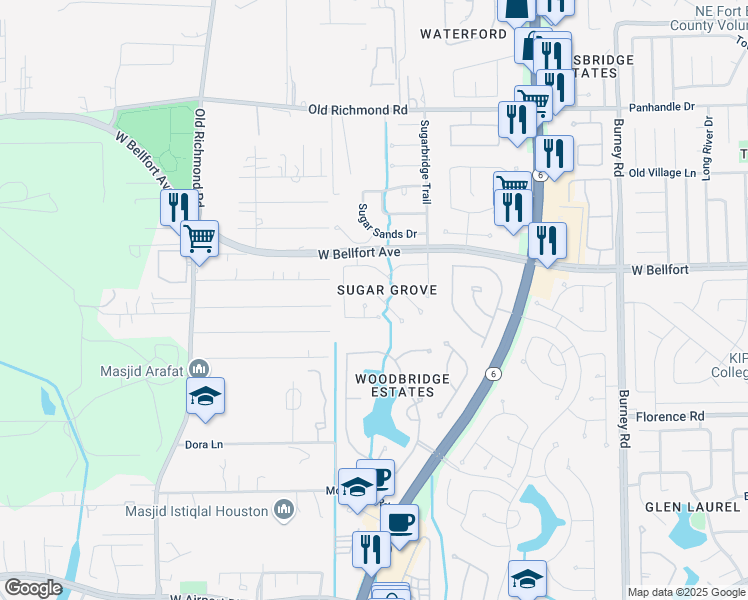 map of restaurants, bars, coffee shops, grocery stores, and more near 10602 Sugar Place Court in Sugar Land