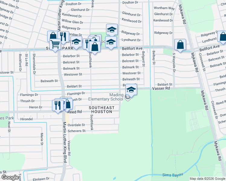map of restaurants, bars, coffee shops, grocery stores, and more near 5859 Flamingo Drive in Houston
