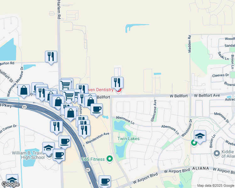 map of restaurants, bars, coffee shops, grocery stores, and more near 18502 West Bellfort Street in Richmond