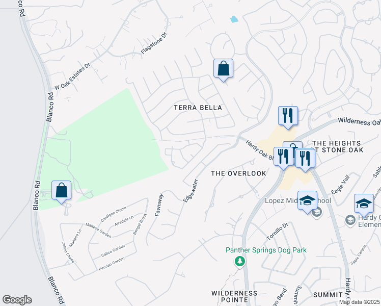 map of restaurants, bars, coffee shops, grocery stores, and more near 23975 Hardy Oak Boulevard in San Antonio