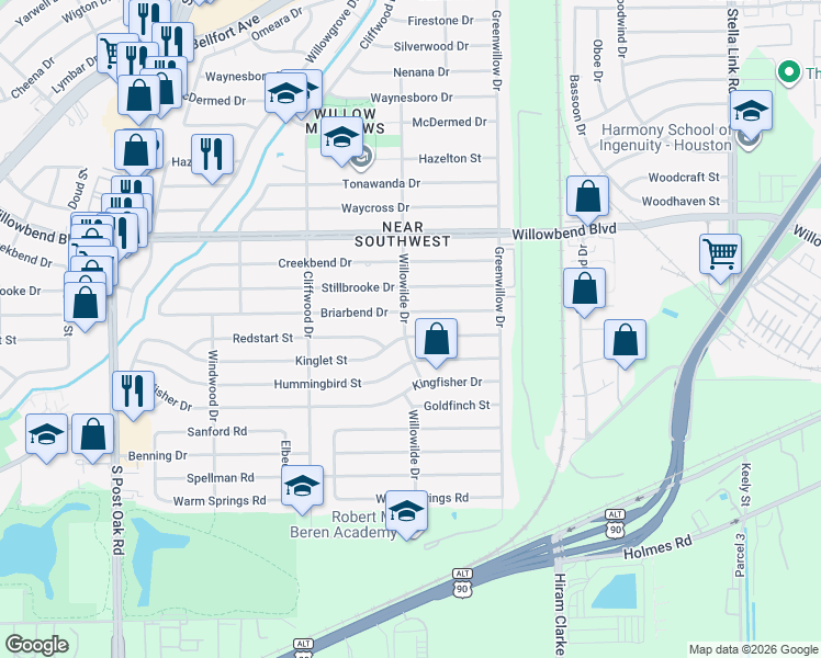 map of restaurants, bars, coffee shops, grocery stores, and more near 4430 Kinglet Street in Houston
