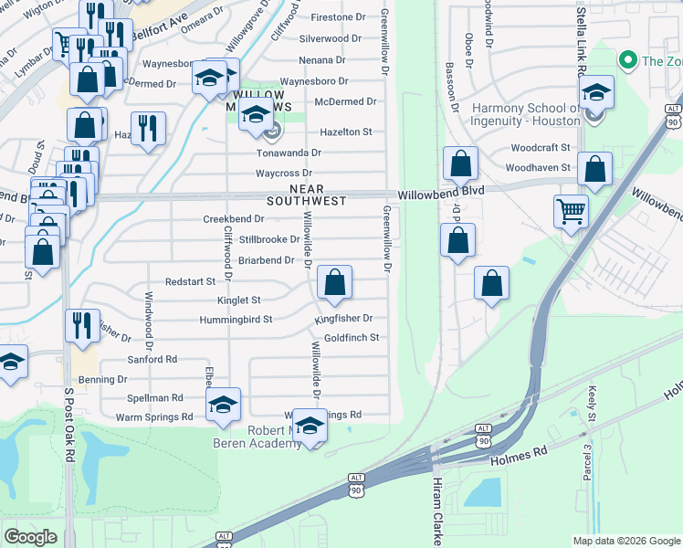 map of restaurants, bars, coffee shops, grocery stores, and more near 4406 Kinglet Street in Houston