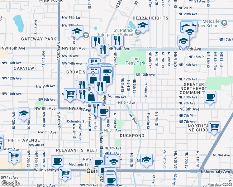 map of restaurants, bars, coffee shops, grocery stores, and more near 204 Northeast Boulevard in Gainesville