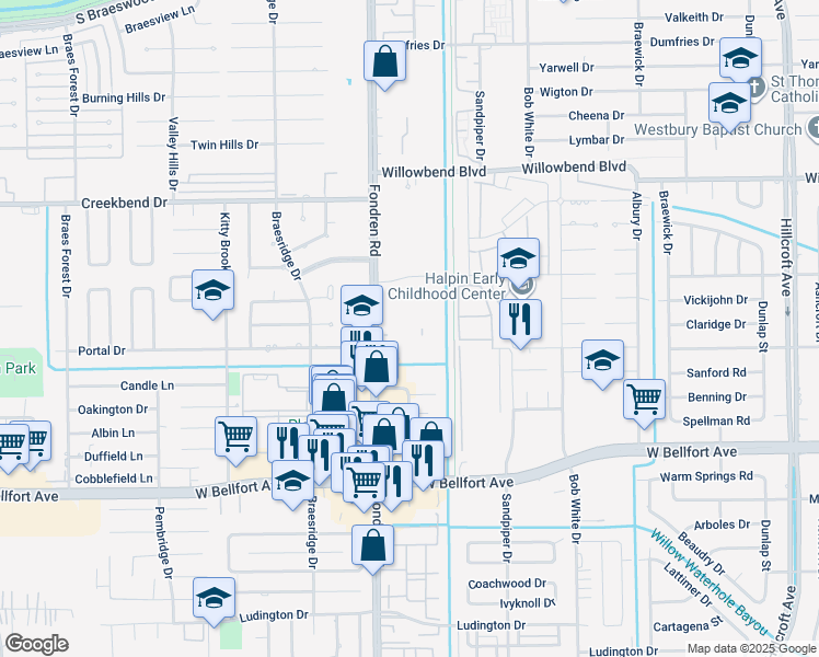 map of restaurants, bars, coffee shops, grocery stores, and more near 10919 Fondren Road in Houston