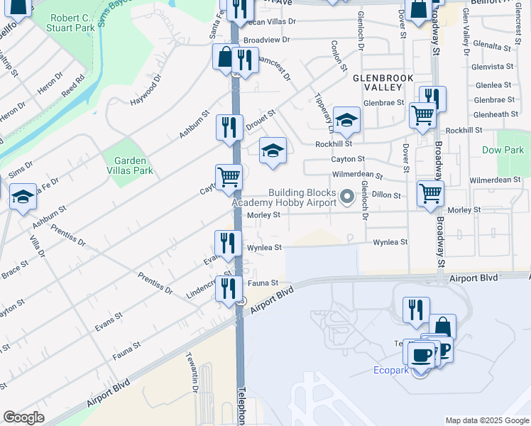 map of restaurants, bars, coffee shops, grocery stores, and more near 7531 Morley Street in Houston