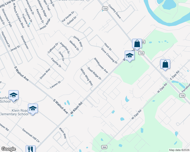 map of restaurants, bars, coffee shops, grocery stores, and more near 2430 Quail Ridge Drive in New Braunfels