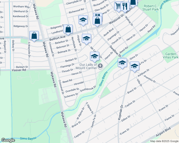 map of restaurants, bars, coffee shops, grocery stores, and more near 6627 Reed Road in Houston