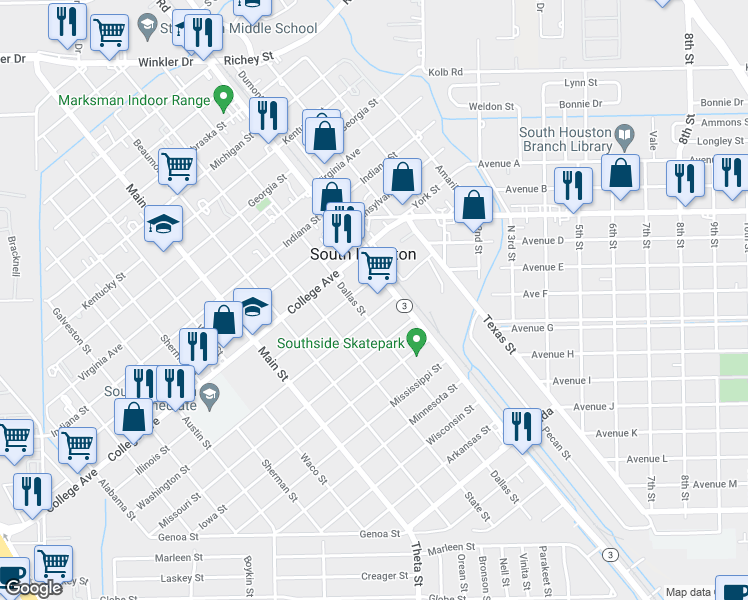 map of restaurants, bars, coffee shops, grocery stores, and more near 1508 Houston Boulevard in South Houston