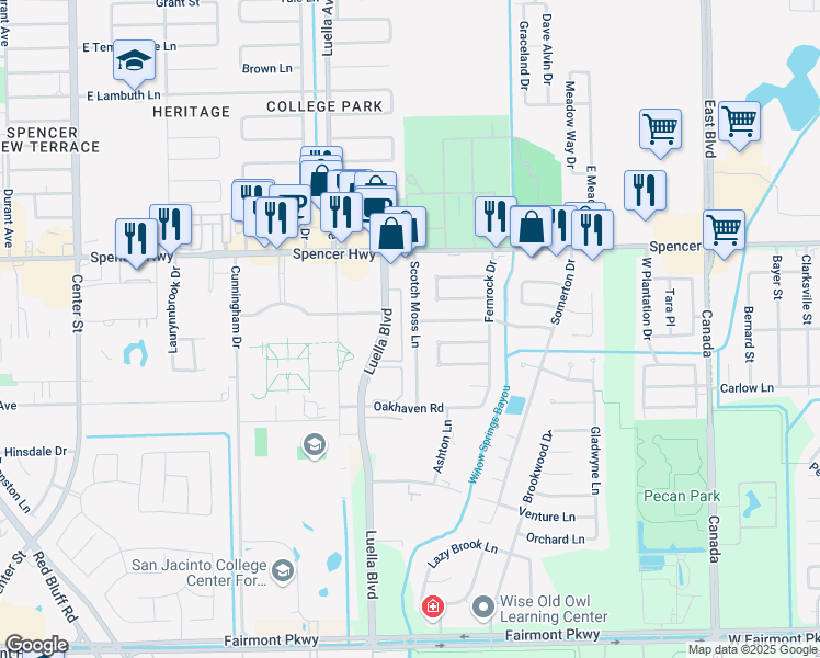 map of restaurants, bars, coffee shops, grocery stores, and more near 3222 Scotch Moss Lane in La Porte