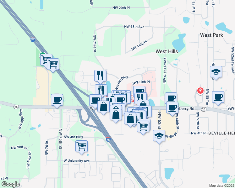 map of restaurants, bars, coffee shops, grocery stores, and more near 6801 Northwest 9th Boulevard in Gainesville
