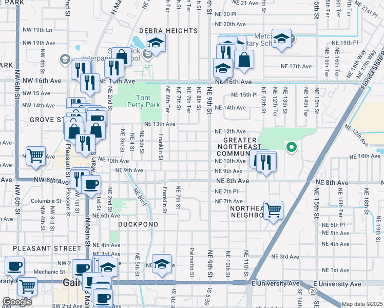 map of restaurants, bars, coffee shops, grocery stores, and more near 735 Northeast 10th Place in Gainesville
