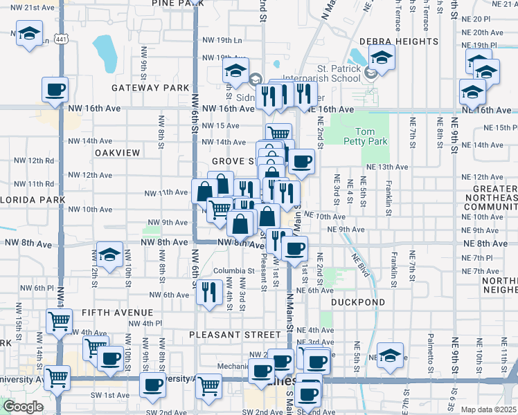 map of restaurants, bars, coffee shops, grocery stores, and more near 231 Northwest 10th Avenue in Gainesville