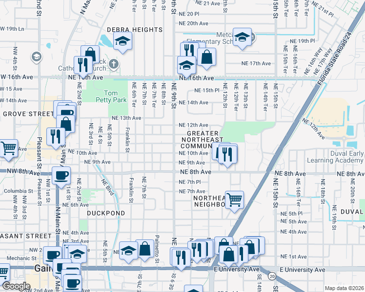 map of restaurants, bars, coffee shops, grocery stores, and more near 915 Northeast 10th Place in Gainesville