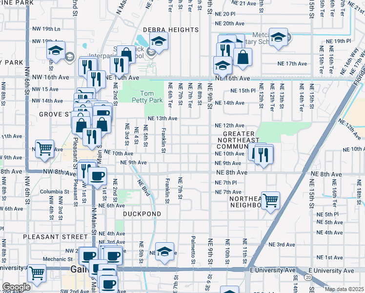 map of restaurants, bars, coffee shops, grocery stores, and more near 716 Northeast 10th Avenue in Gainesville