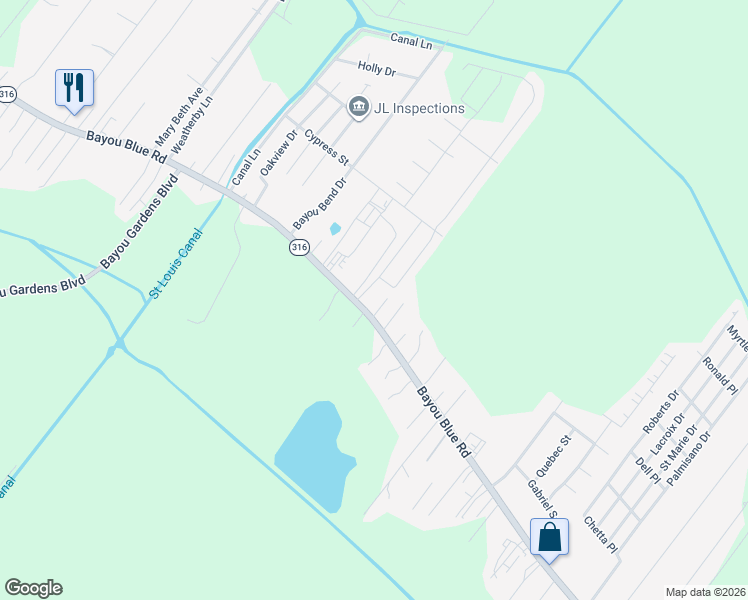 map of restaurants, bars, coffee shops, grocery stores, and more near 2306-2348 Bayou Blue Road in Houma