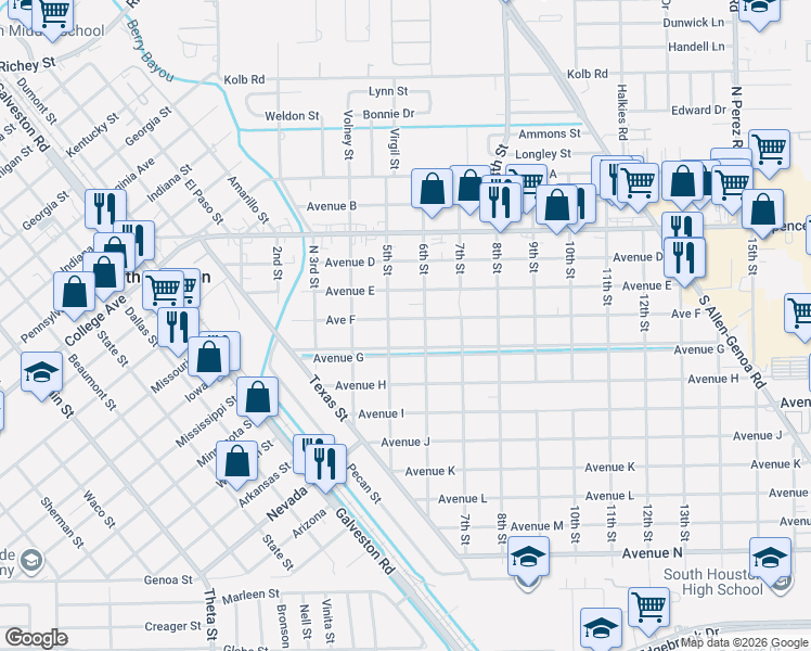 map of restaurants, bars, coffee shops, grocery stores, and more near 501 Avenue G in South Houston