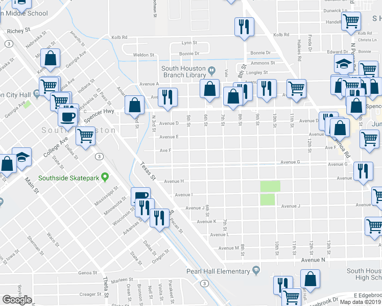map of restaurants, bars, coffee shops, grocery stores, and more near 501 Avenue G in South Houston