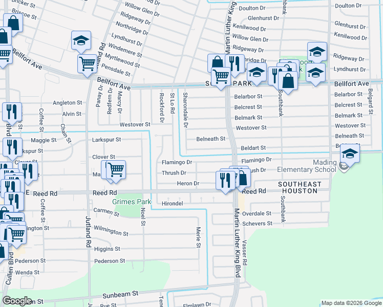 map of restaurants, bars, coffee shops, grocery stores, and more near 5535 Flamingo Drive in Houston