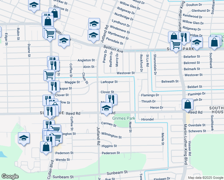 map of restaurants, bars, coffee shops, grocery stores, and more near 5102 Clover Street in Houston