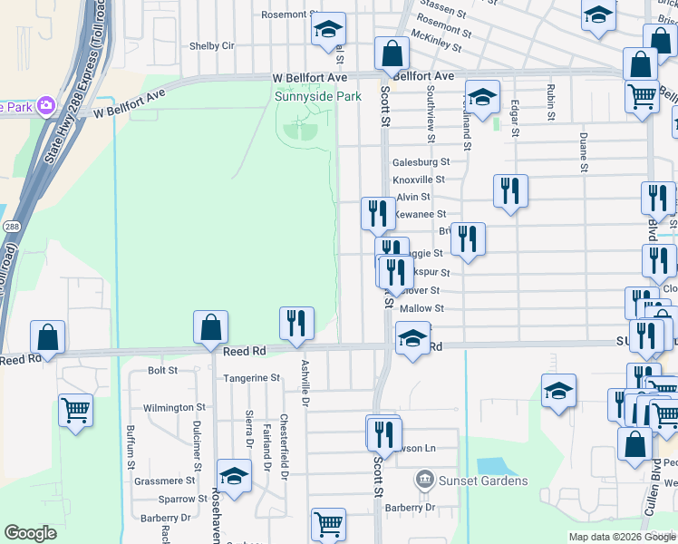 map of restaurants, bars, coffee shops, grocery stores, and more near 9025 Comal Street in Houston