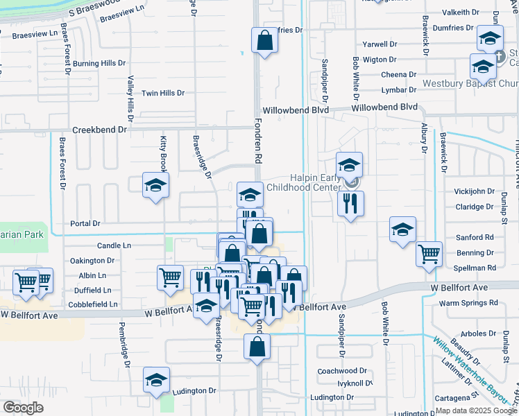 map of restaurants, bars, coffee shops, grocery stores, and more near 10919 Fondren Road in Houston