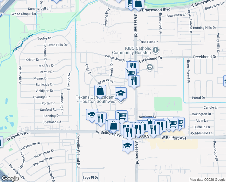 map of restaurants, bars, coffee shops, grocery stores, and more near 10922 Ranier Drive in Houston