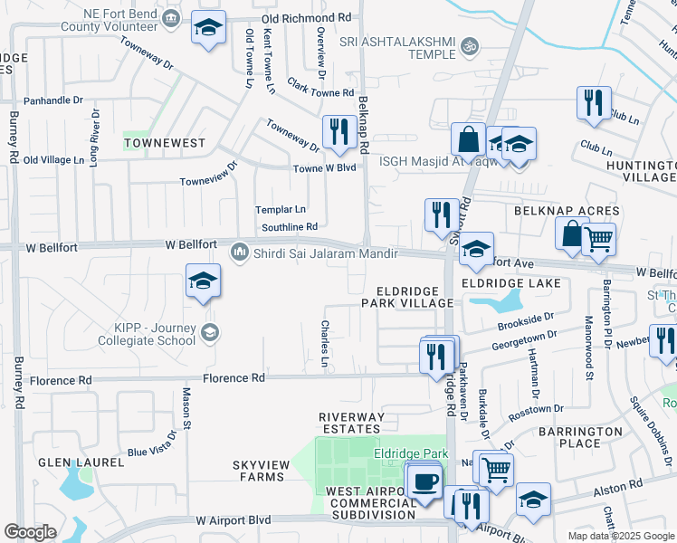 map of restaurants, bars, coffee shops, grocery stores, and more near 2701 Charles Lane in Sugar Land