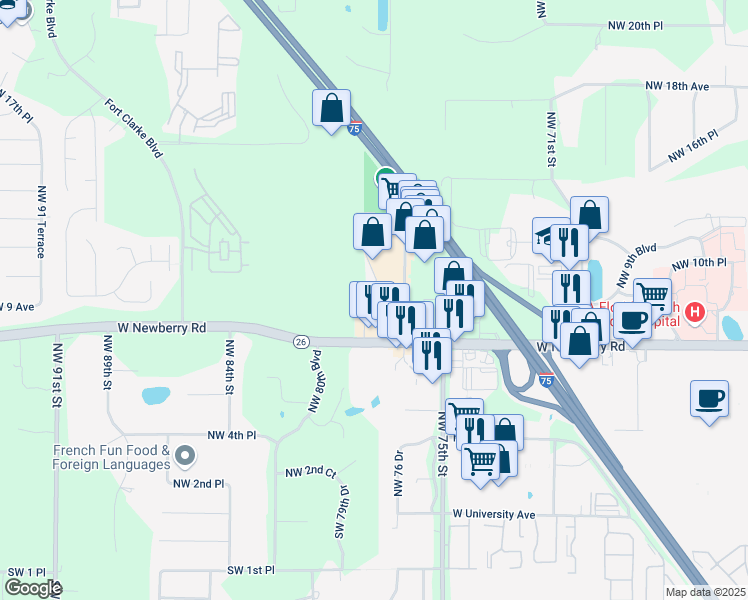 map of restaurants, bars, coffee shops, grocery stores, and more near 900 Northwest 76 Boulevard in Gainesville