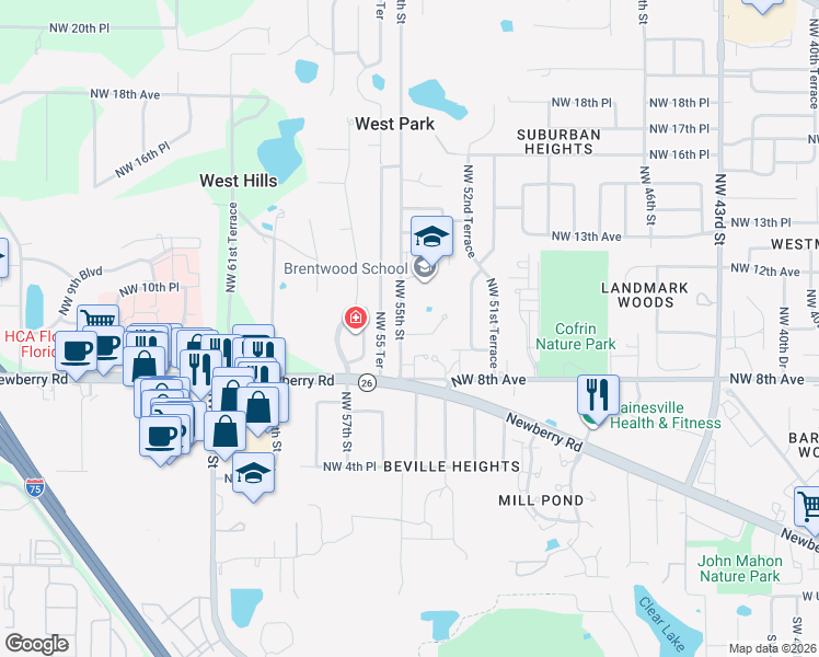map of restaurants, bars, coffee shops, grocery stores, and more near 5436 Northwest 9 Lane in Gainesville