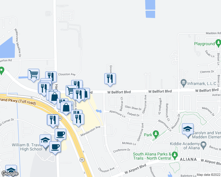 map of restaurants, bars, coffee shops, grocery stores, and more near 18502 West Bellfort Street in Richmond