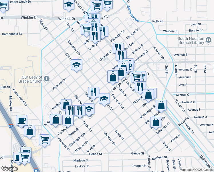 map of restaurants, bars, coffee shops, grocery stores, and more near 716 Pennsylvania Street in South Houston