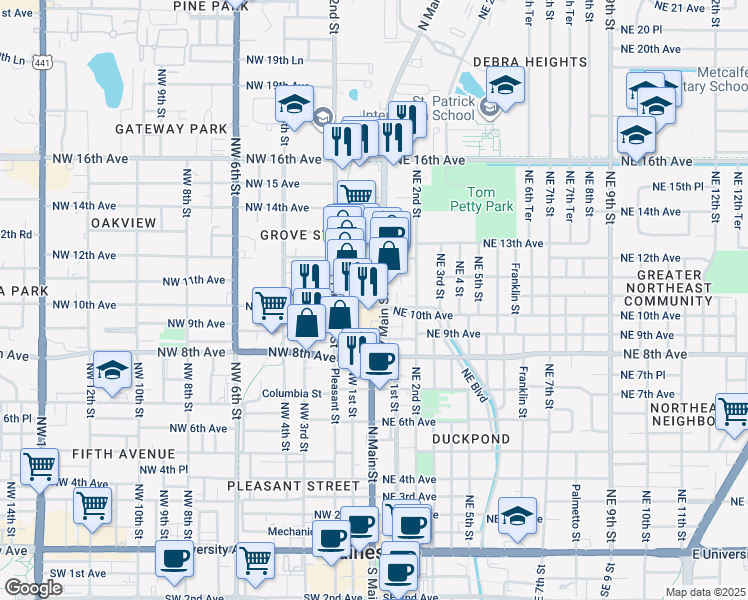 map of restaurants, bars, coffee shops, grocery stores, and more near 1002 North Main Street in Gainesville