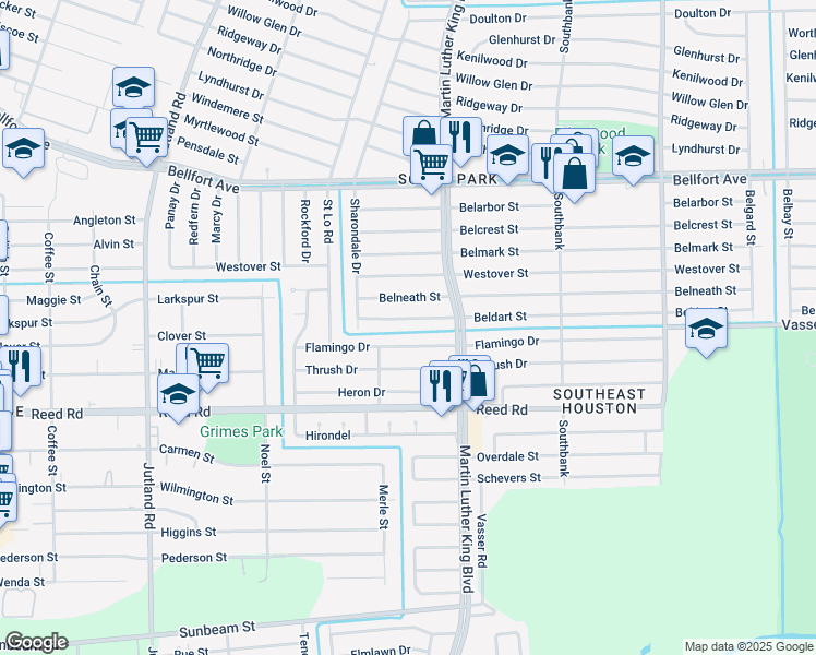 map of restaurants, bars, coffee shops, grocery stores, and more near 5627 Flamingo Drive in Houston