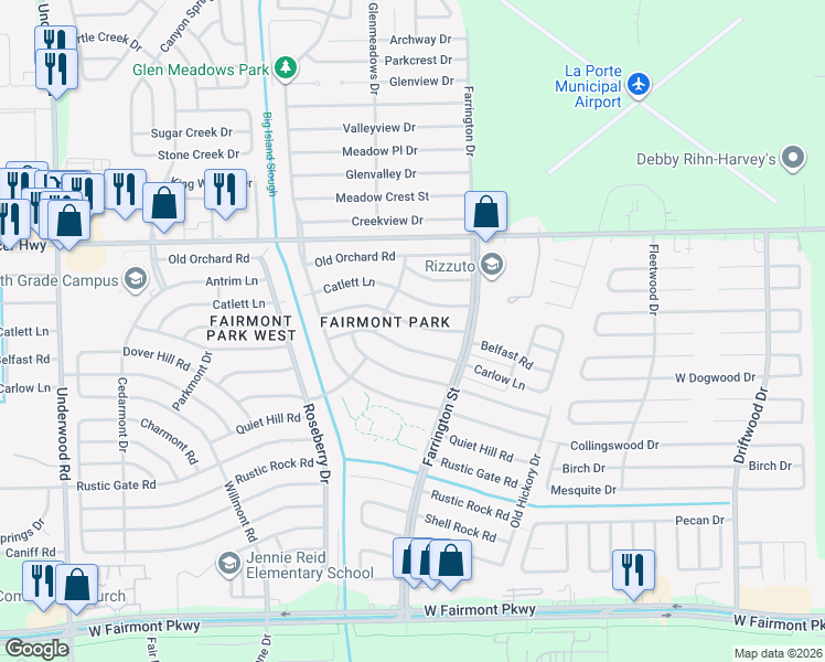 map of restaurants, bars, coffee shops, grocery stores, and more near 10327 Carlow Lane in La Porte