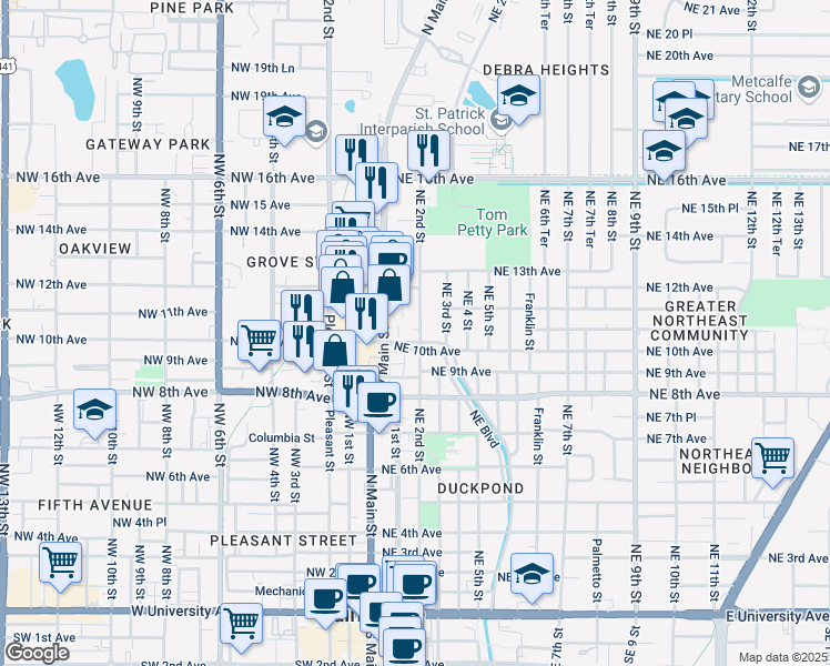 map of restaurants, bars, coffee shops, grocery stores, and more near 204 Northeast Boulevard in Gainesville