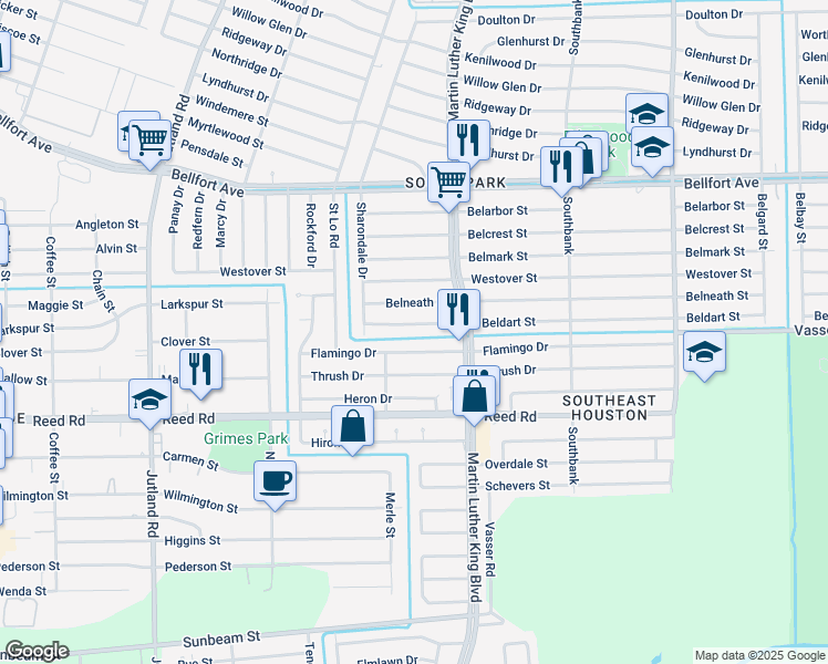 map of restaurants, bars, coffee shops, grocery stores, and more near 5627 Flamingo Drive in Houston