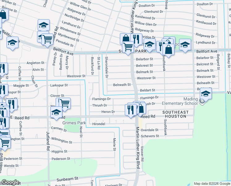 map of restaurants, bars, coffee shops, grocery stores, and more near 5535 Flamingo Drive in Houston