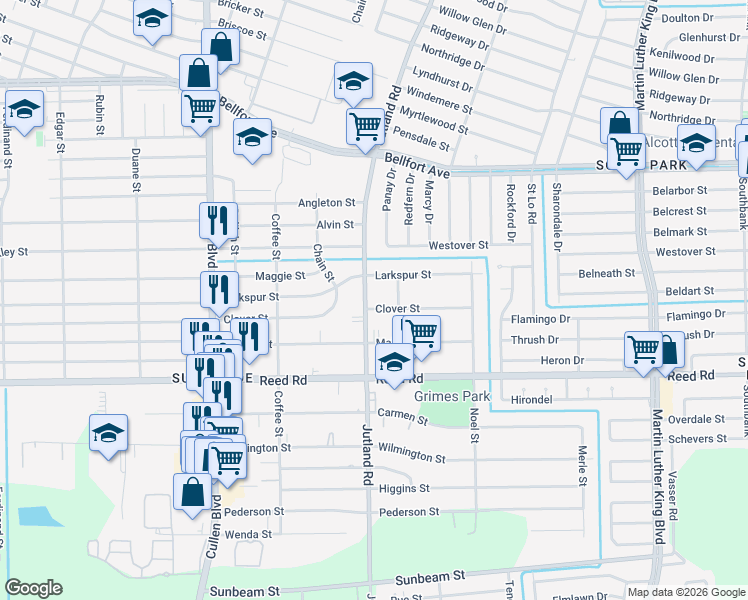 map of restaurants, bars, coffee shops, grocery stores, and more near 5002 Clover Street in Houston